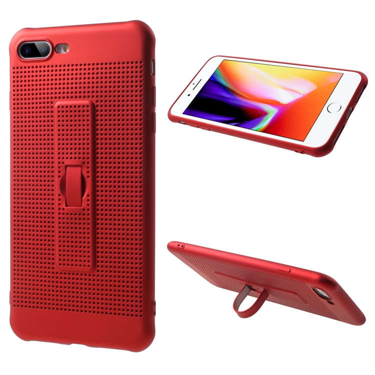 Rubberized Flexible TPU Grid Pattern Phone Case Accessory with Invisible Kickstand for iPhone 8 Plus / 7 Plus - Red-1