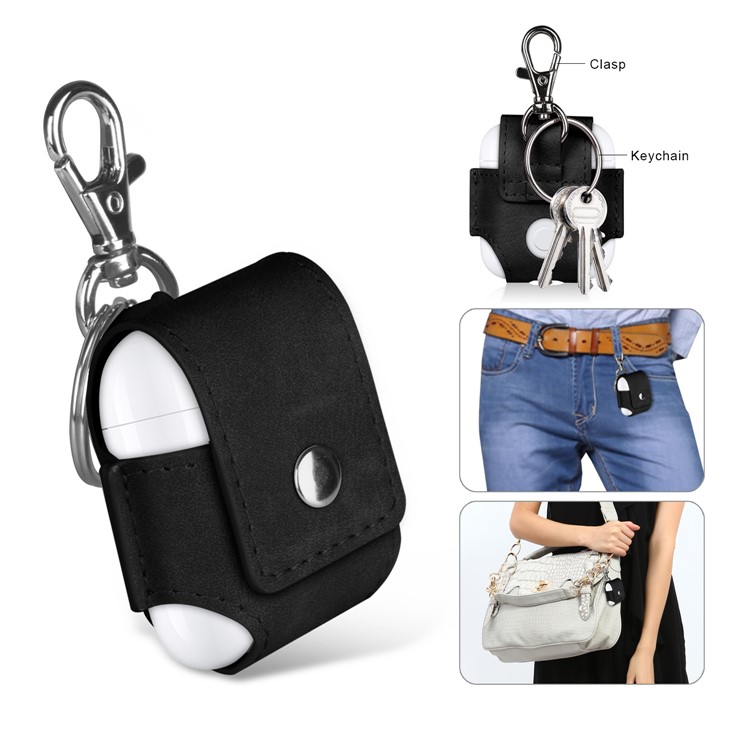 Anti-lost Leather Protection Cover with Keychain for Apple Airpods Charging Case - Black-1