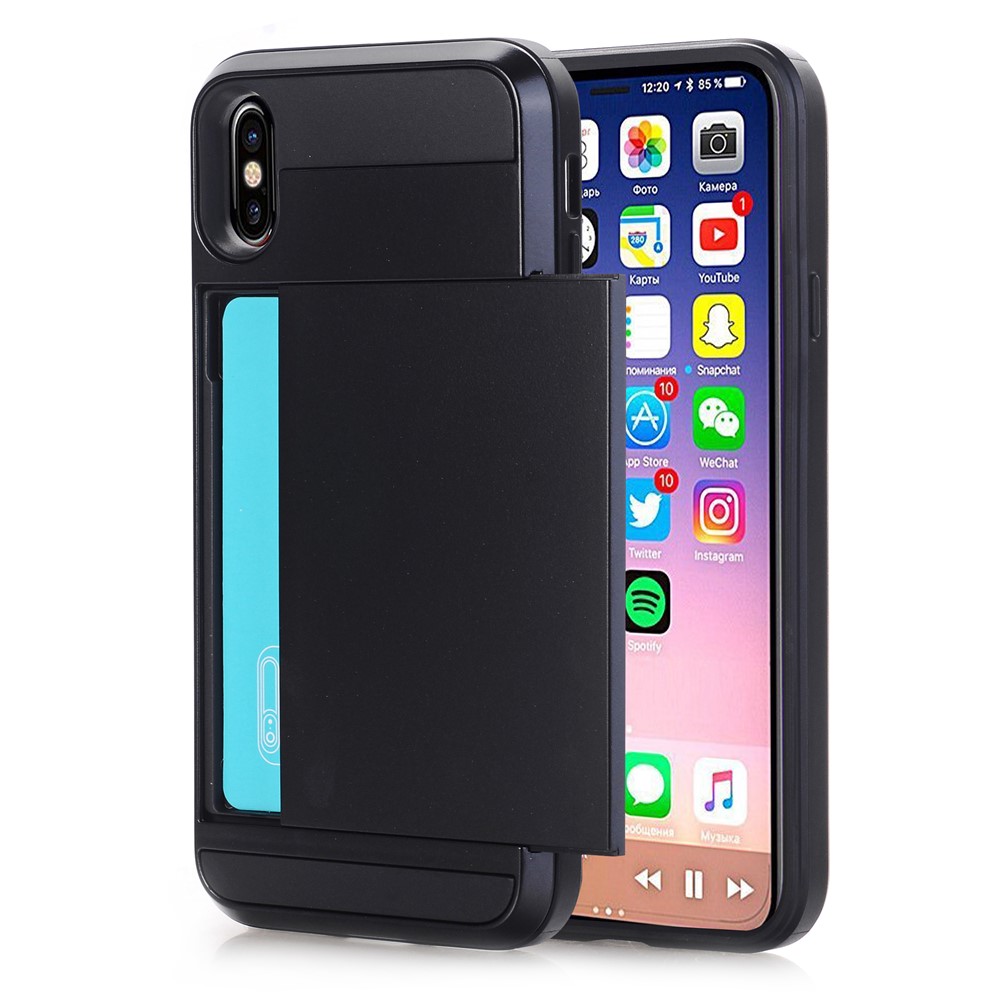 PC + TPU Hybrid Case with Hidden Card Holder for iPhone X - Black-1