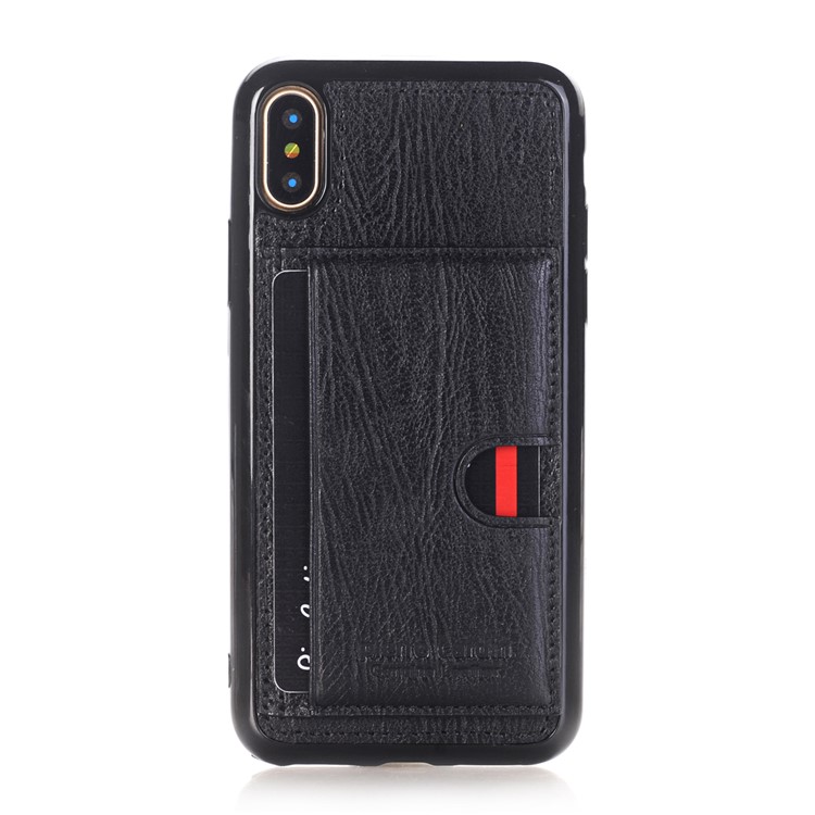 PIERRE CARDIN Genuine Leather Coated Card Slot TPU Kickstand Case for iPhone X/10 - Black-1