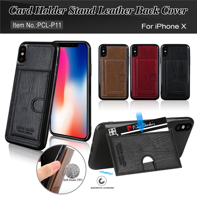 PIERRE CARDIN Genuine Leather Coated Card Slot TPU Kickstand Case for iPhone X/10 - Black-10