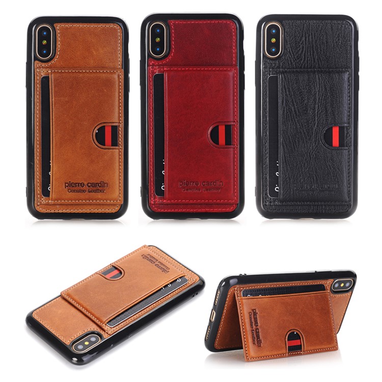 PIERRE CARDIN Genuine Leather Coated Card Slot TPU Kickstand Case for iPhone X/10 - Black-9