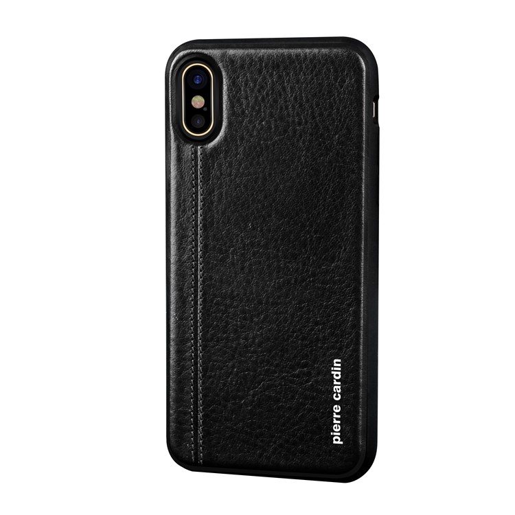 PIERRE CARDIN Stitched Genuine Leather Coated TPU Back Case for iPhone X - Black-2
