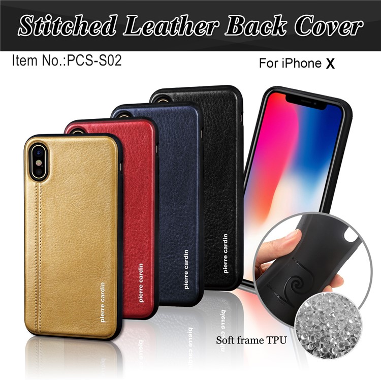 PIERRE CARDIN Stitched Genuine Leather Coated TPU Back Case for iPhone X - Black-3