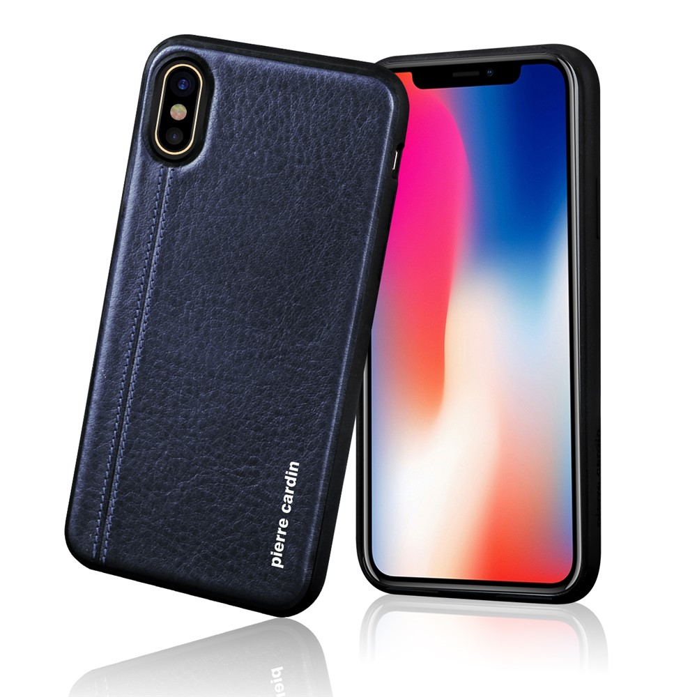 Pierre Cardin Costurou a Capa Móvel Tpu Revestida de Couro Genuíno Para Iphone XS / X - Azul Escuro