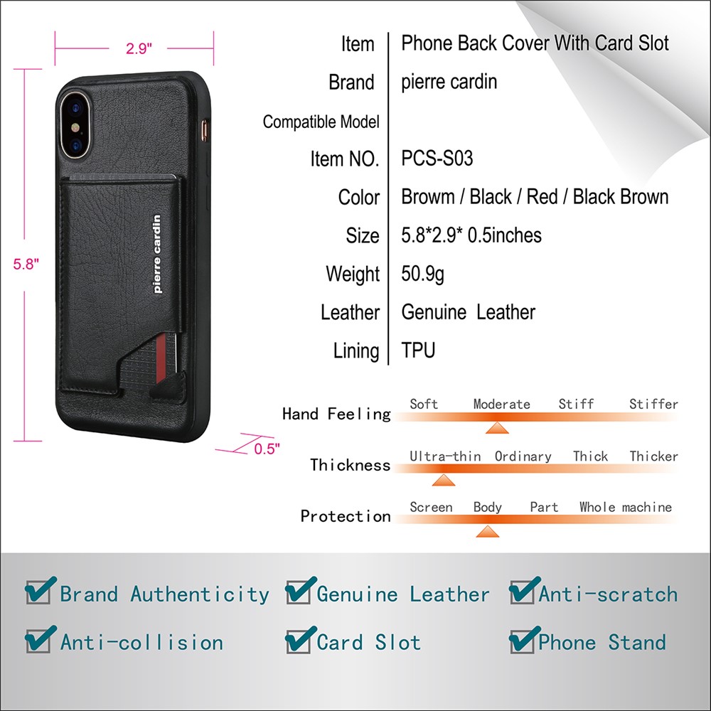 PIERRE CARDIN for iPhone X 5.8-inch Genuine Leather Coated Card Slot TPU Case - Black-7