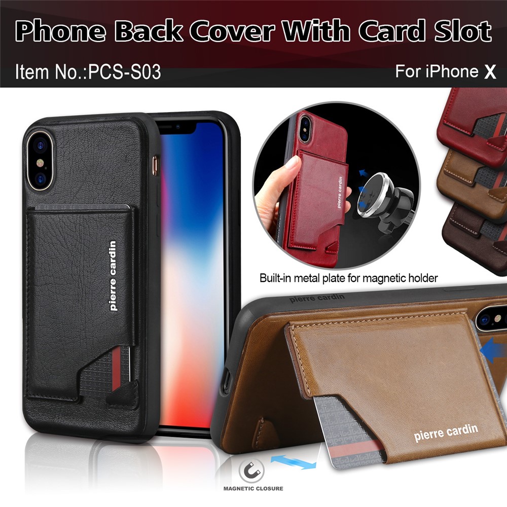 PIERRE CARDIN for iPhone X 5.8-inch Genuine Leather Coated Card Slot TPU Case - Black-8