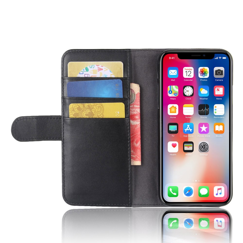 Genuine Leather Wallet Stand Case for iPhone X - Black-5