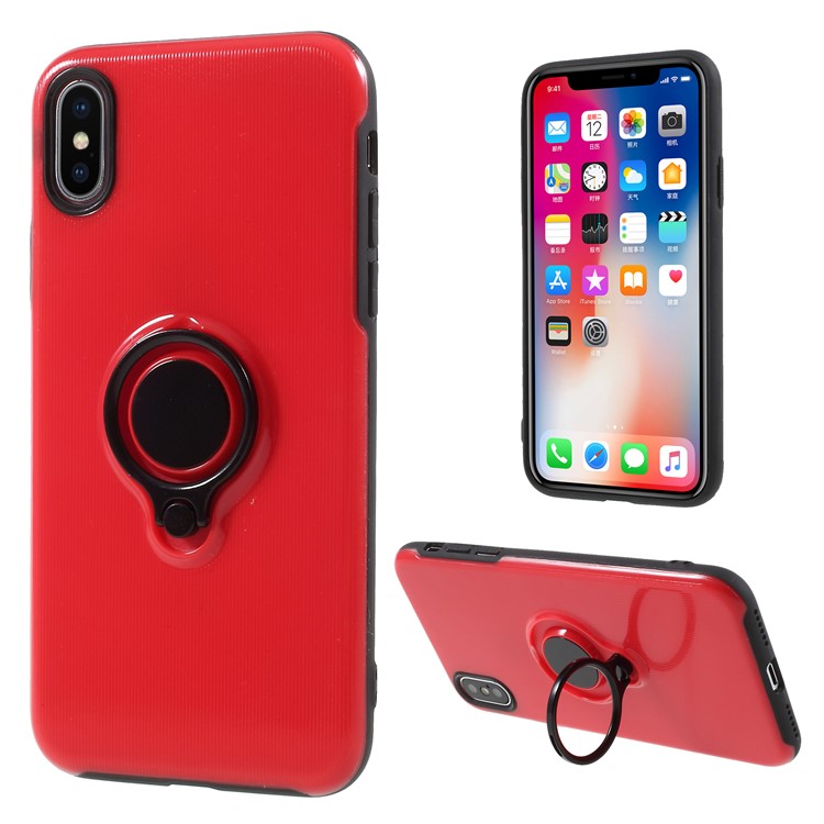 Soft TPU + Carbon Fiber Texture PC Combo Case with Kickstand for iPhone X - Red-1