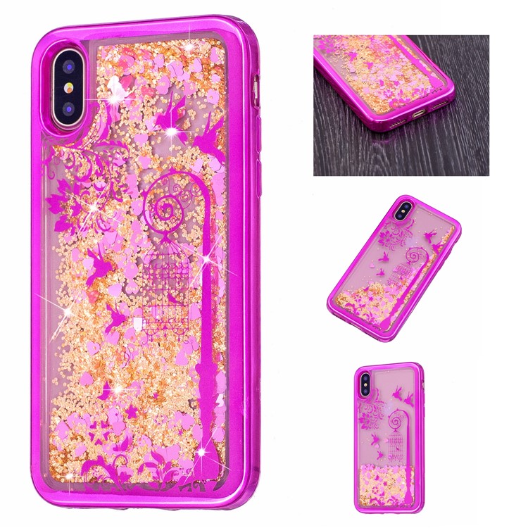 

For iPhone X/10 Liquid Glitter Powder Quicksand Electroplating TPU Back Case - Birdcage and Birds