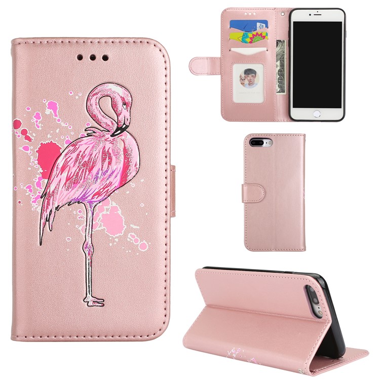 

Glittery Powder Flamingo Pattern Leather Wallet Phone Cover for iPhone 8 Plus/7 Plus - Rose Gold