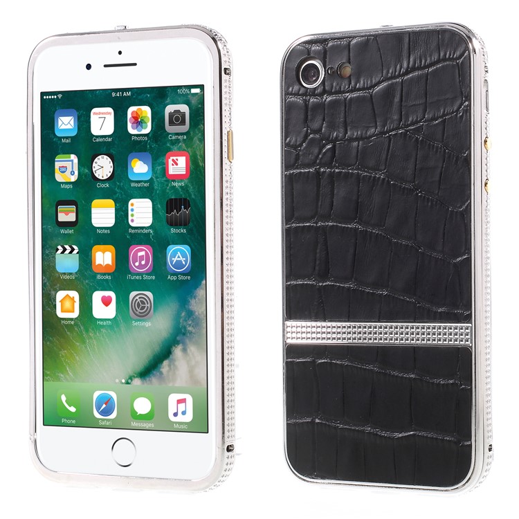 Glittery Rhinestone Crocodile Texture Leather Coated Aluminum Alloy Plating Cover for iPhone 8/7 4.7 - Black-1