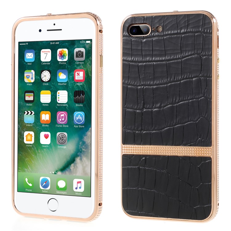 Shiny Rhinestone Decor Plating Crocodile Texture Leather Coated Hard Case for iPhone 8 Plus/7 Plus - Black-1