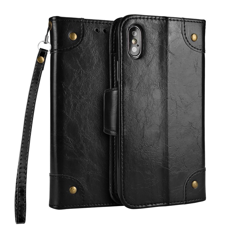 

5-Slot Vintage Oil Wax Leather Wallet Case for iPhone X - Black