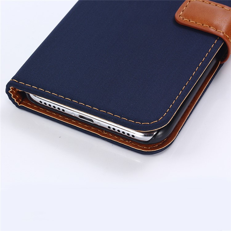 Nylon Cloth Coated Leather Stand Wallet Case for iPhone X/10 - Dark Blue-10