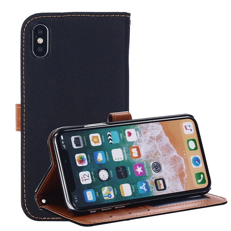 Nylon Cloth Coated Leather Stand Wallet Case for iPhone X/10 - Dark Blue-11