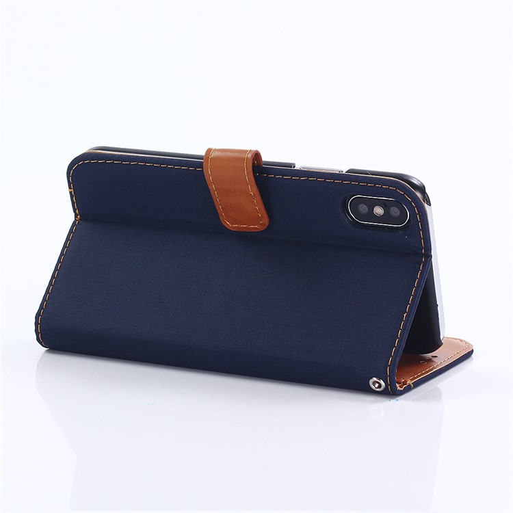 Nylon Cloth Coated Leather Stand Wallet Case for iPhone X/10 - Dark Blue-4