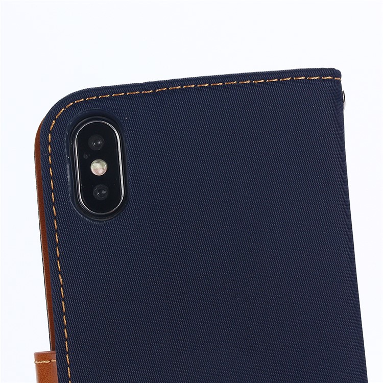 Nylon Cloth Coated Leather Stand Wallet Case for iPhone X/10 - Dark Blue-9