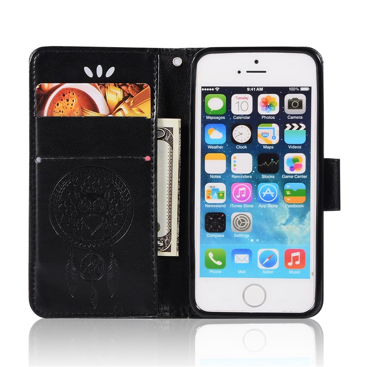 Imprint Dream Catcher Owl Wallet Stand Leather Case for iPhone SE/5s/5 - Black-4