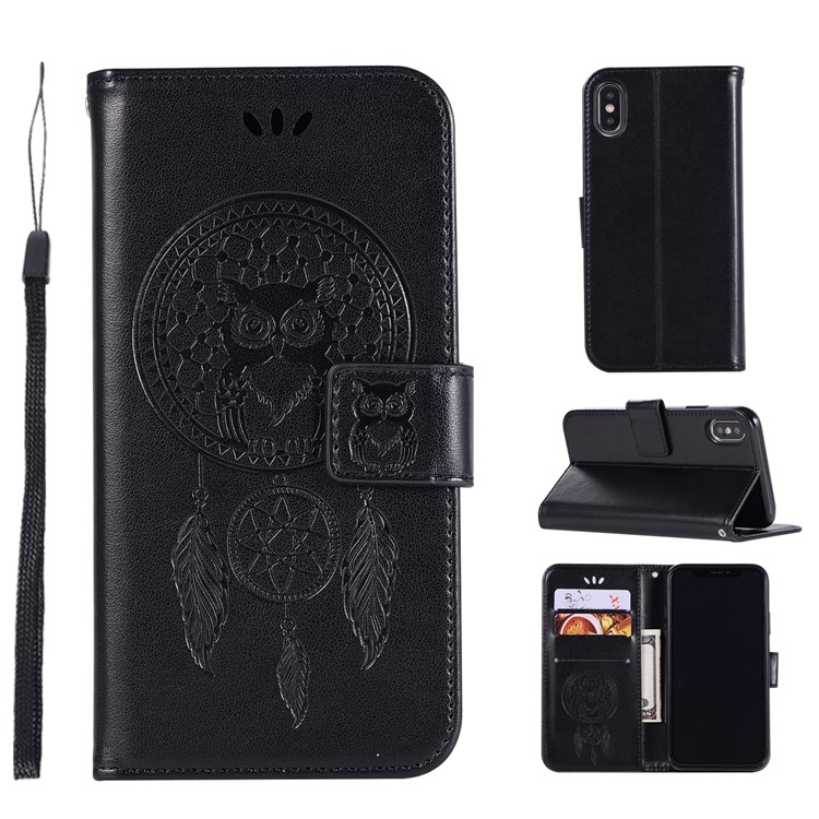 Imprinted Dream Catcher Owl Leather Wallet Case for iPhone X - Black-1