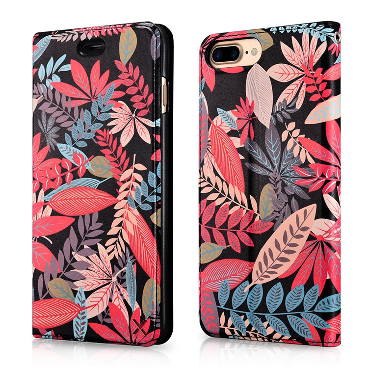 XOOMZ Pattern Printing Card Holder Leather Case for iPhone 8 Plus/7 Plus - Colorful Leaves-1