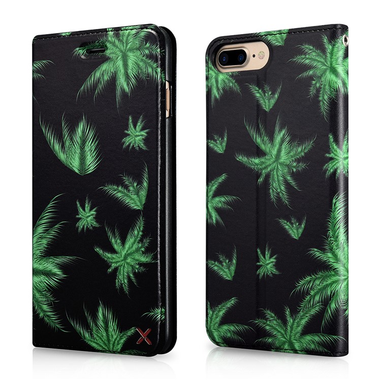 

XOOMZ Pattern Printing Card Holder Leather Cover with Stand for iPhone 8 Plus/7 Plus - Green Leaves