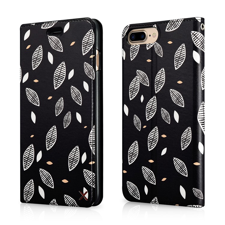 

XOOMZ Pattern Printing Stand PU Leather Card Holder Shell for iPhone 8 Plus/7 Plus - White Leaves