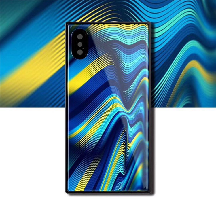 WK Glass Barlie Series Pattern Printing Glass PC TPU Hybrid Case for iPhone X/10 - Yellow Blue Lines-1