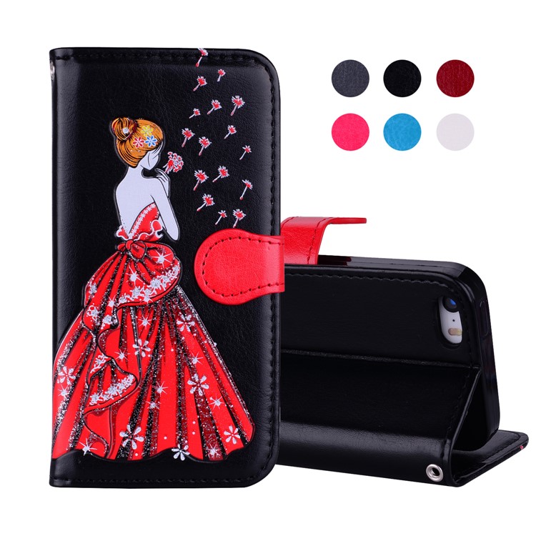 Flash Powder Pretty Girl's Back Wallet Stand Leather Case for iPhone SE/5s/5 - Black-1