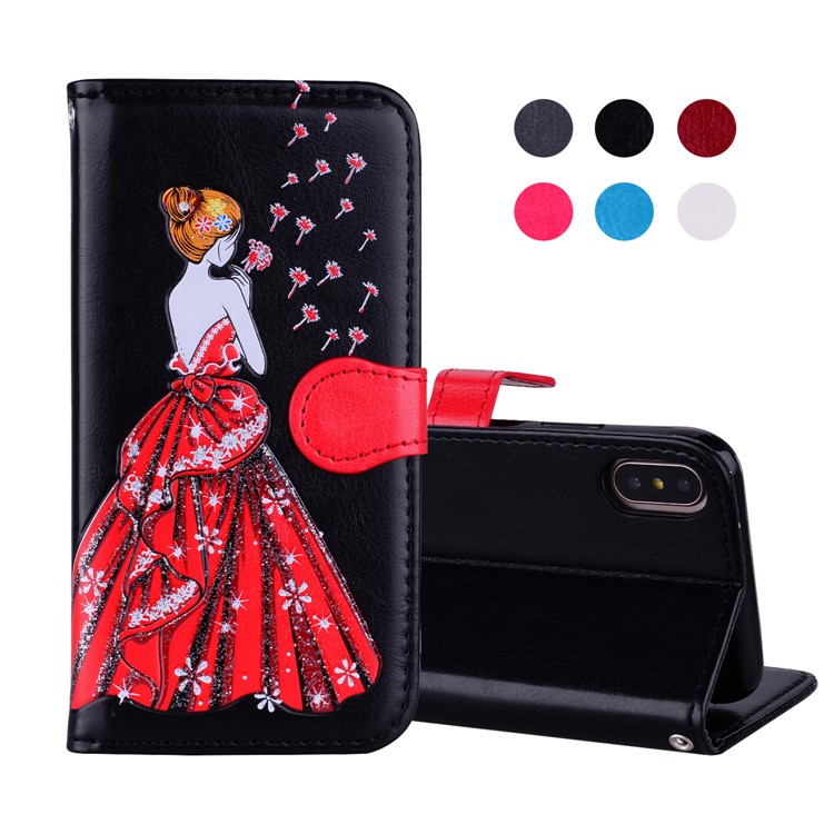 For iPhone X Glitter Powder Elegant Girl's Back Pattern Leather Wallet Case - Black-1