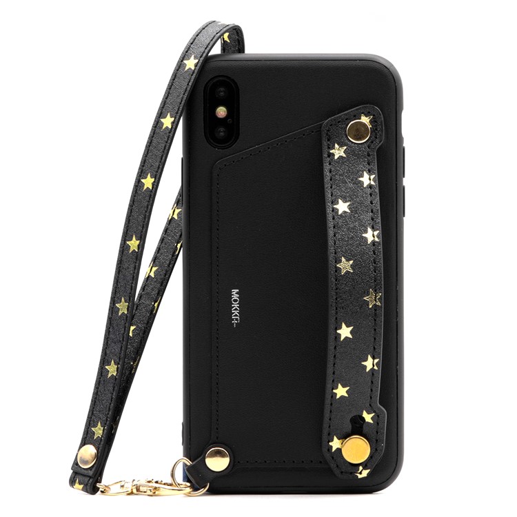 MOKKA for iPhone X Neoclassic Collection Star Strap Card Holder PU Leather Coated TPU Case - Black-1