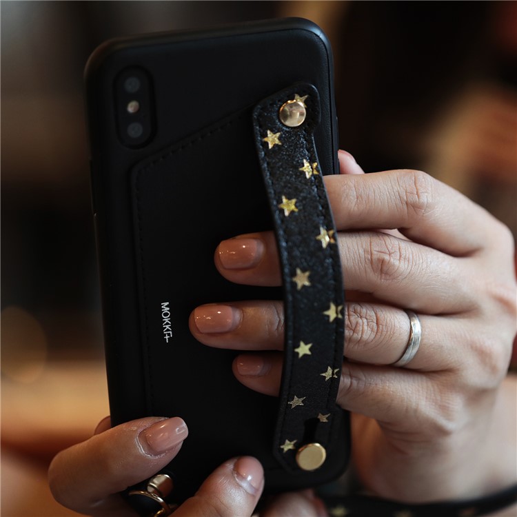 MOKKA for iPhone X Neoclassic Collection Star Strap Card Holder PU Leather Coated TPU Case - Black-2