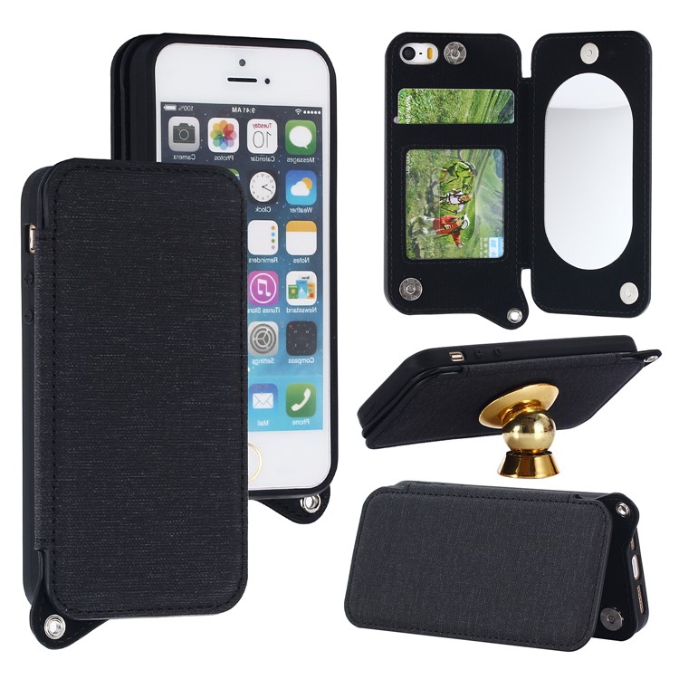 Double Buckle Design Magnetic PU Leather Cover with Mirror Card Holder for iPhone SE/5s/5 - Black-1