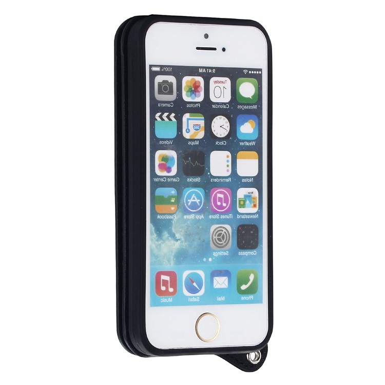 Double Buckle Design Magnetic PU Leather Cover with Mirror Card Holder for iPhone SE/5s/5 - Black-3