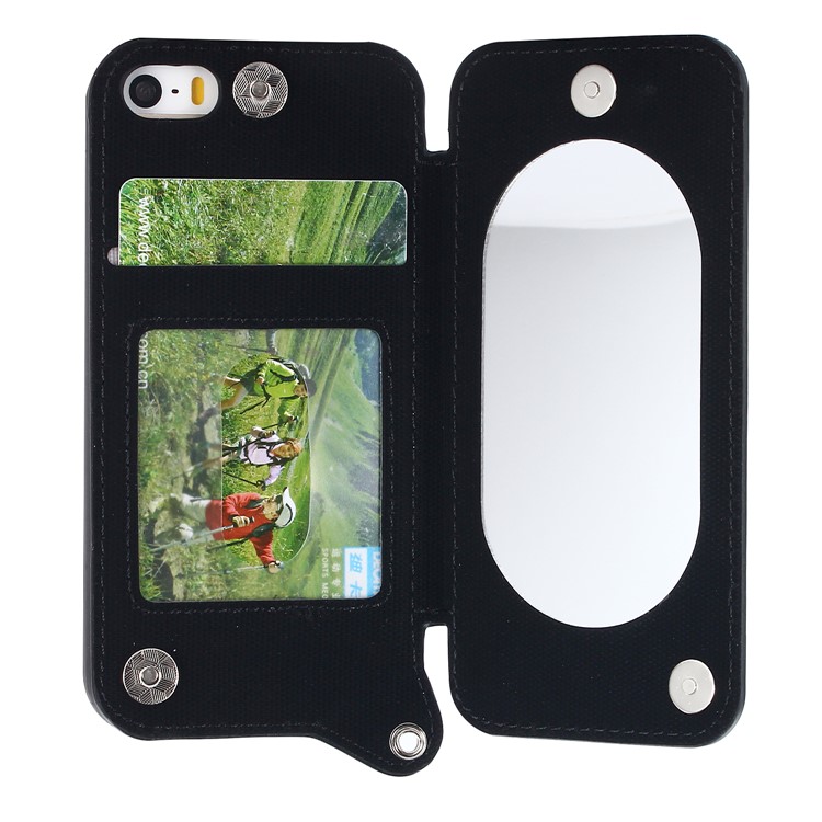 Double Buckle Design Magnetic PU Leather Cover with Mirror Card Holder for iPhone SE/5s/5 - Black-4