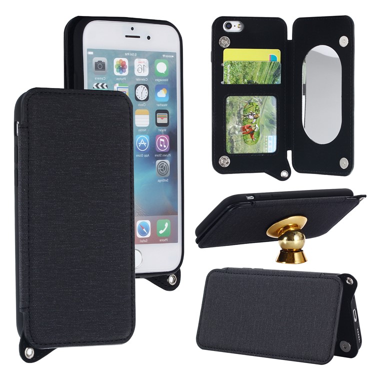 Card Holder Mirror Leather Back Case for iPhone 6s Plus/6 Plus (Built-in Magnetic Holder Metal Sheet) - Black-1