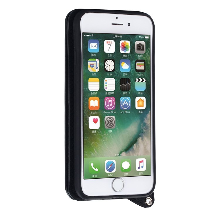 Card Holder Mirror Leather Stand Case for iPhone 8 / 7 (Built-in Magnetic Holder Metal Sheet) - Black-3