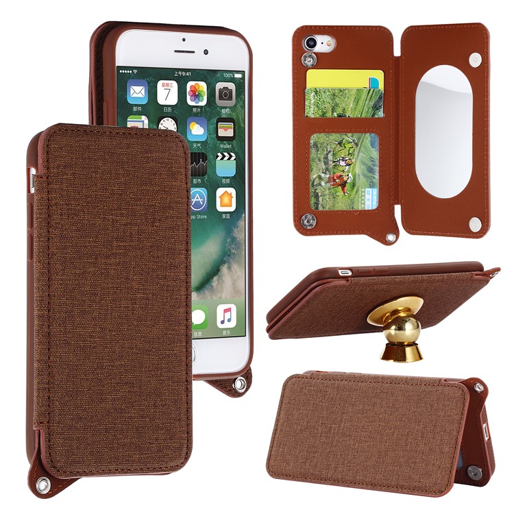 Card Holder Mirror Leather Stand Mobile Phone Shell for iPhone 8 / 7 (Built-in Magnetic Holder Metal Sheet) - Brown-1