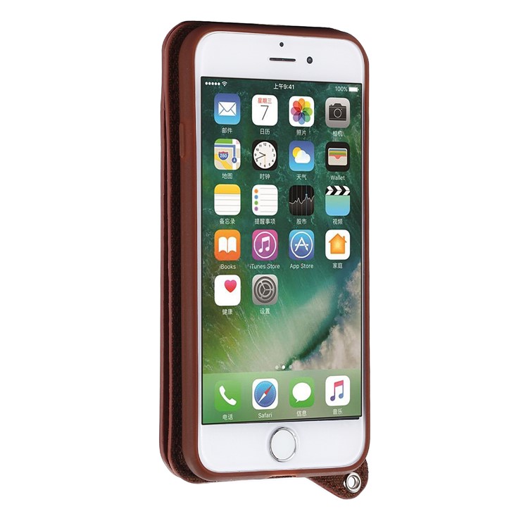 Card Holder Mirror Leather Stand Mobile Phone Shell for iPhone 8 / 7 (Built-in Magnetic Holder Metal Sheet) - Brown-3