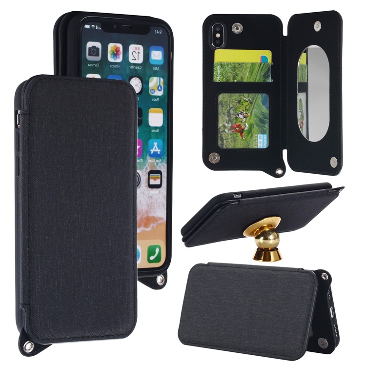 Card Holder Mirror Leather TPU Back Case for iPhone X 5.8 (Built-in Magnetic Holder Metal Sheet) - Black-1