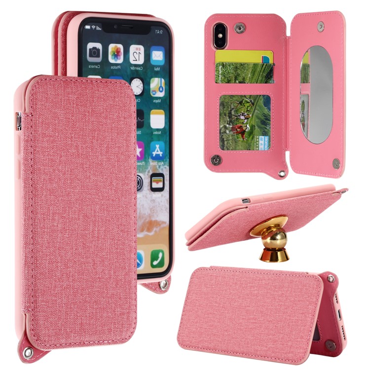 

Card Holder Mirror Leather TPU Mobile Cover for iPhone X/XS 5.8 inch (Built-in Magnetic Holder Metal Sheet) - Pink