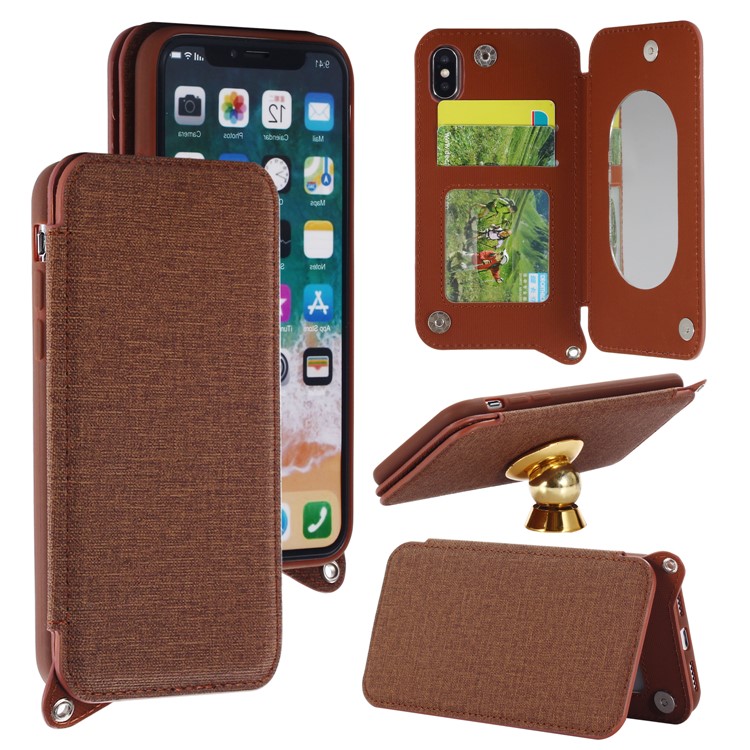 

Card Holder Mirror Leather TPU Stand Mobile Phone Shell for iPhone X/XS 5.8 inch - Brown