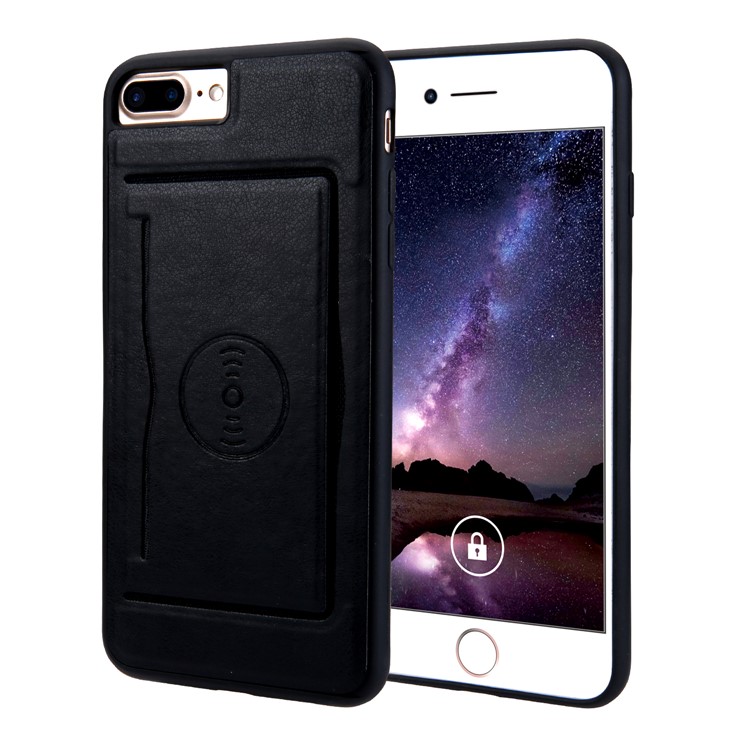 Kickstand Card Holder Leather Coated TPU Case Built-in Magnetic Sheet for iPhone 8 Plus / 7 Plus 5.5 inch - Black-1