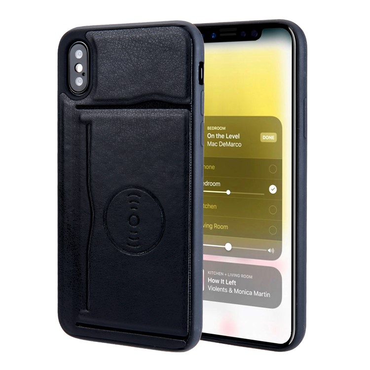 Kickstand Card Holder Leather Coated TPU Case Built-in Magnetic Sheet for iPhone X - Black-1