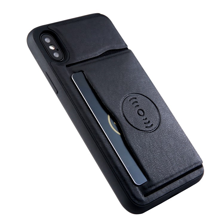 Kickstand Card Holder Leather Coated TPU Case Built-in Magnetic Sheet for iPhone X - Black-6