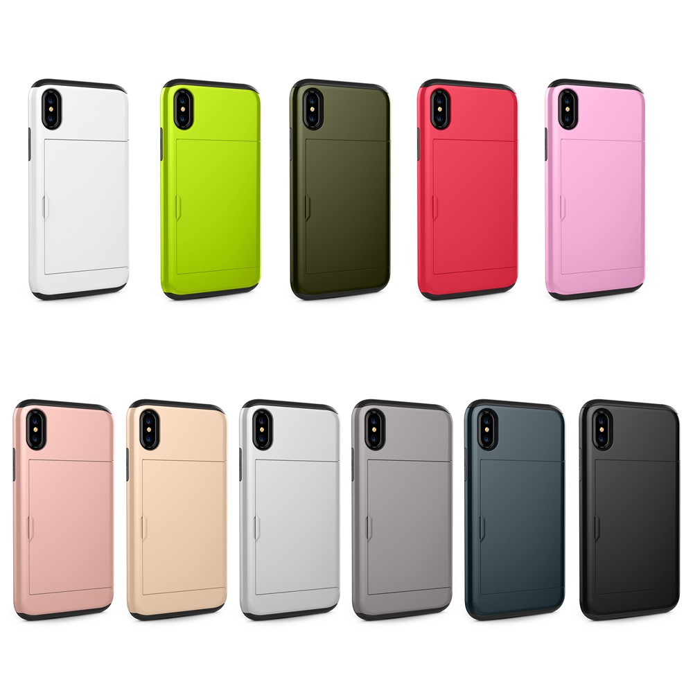 For iPhone XS/X 5.8 inch Sliding Card Holder PC + TPU Hybrid Shell Case - Black-2