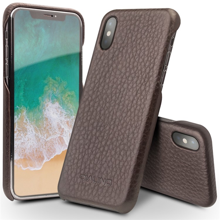 

QIALINO Litchi Texture Genuine Leather Phone Back Case for iPhone X/XS - Brown