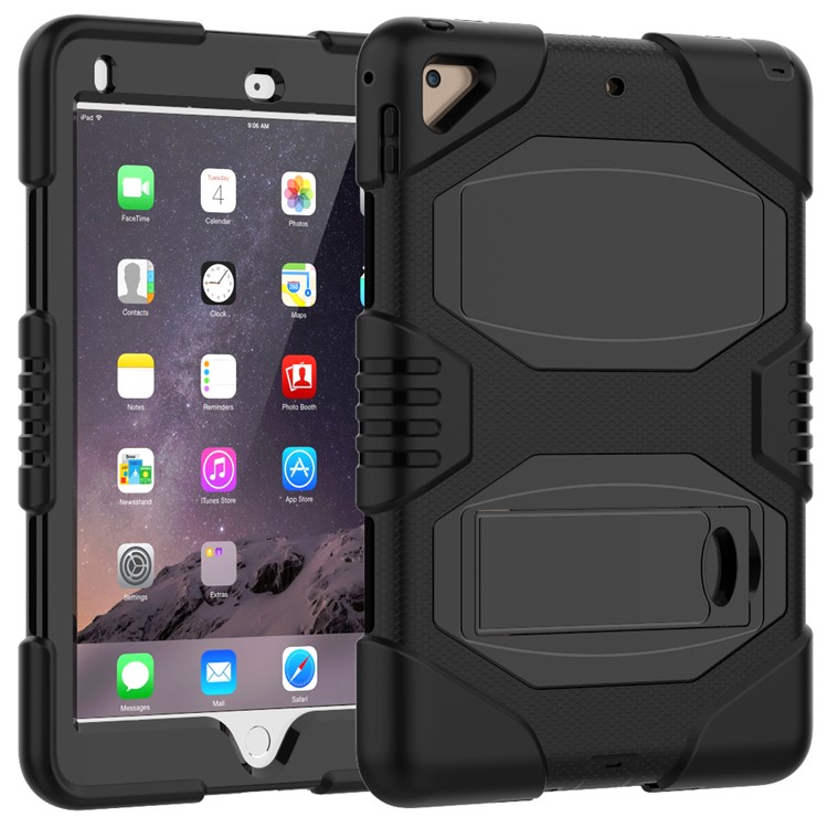 Kickstand PC Silicone Armor Defender Case for iPad 9.7 (2017) - All Black-1