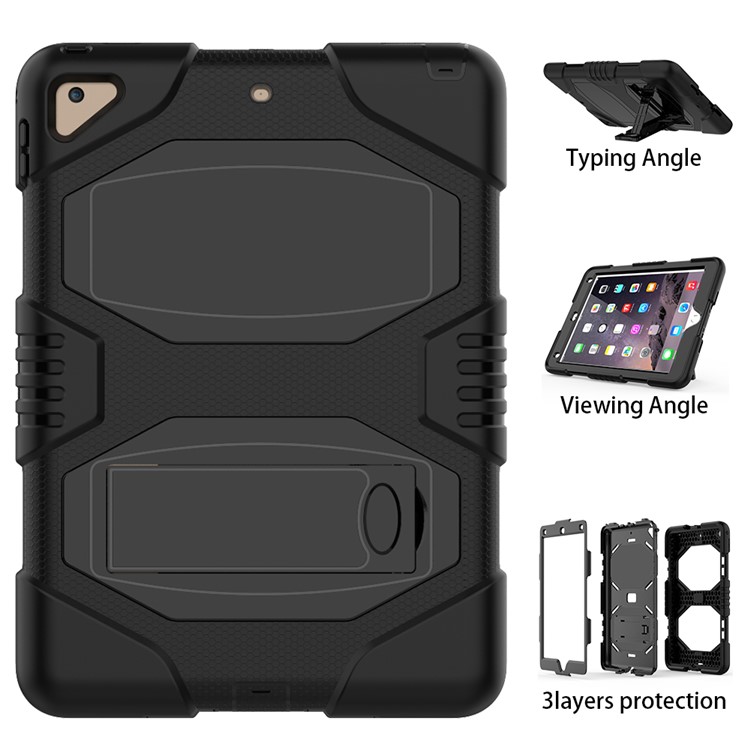 Kickstand PC Silicone Armor Defender Case for iPad 9.7 (2017) - All Black-3
