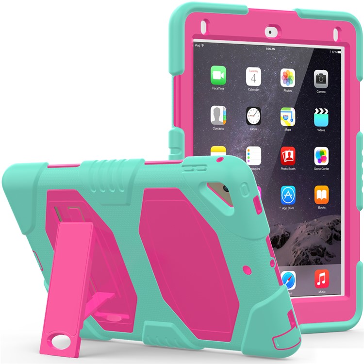 Armor Defender Kickstand PC + Silicone Hybrid Case for iPad Air 2 - Green + Rose-1